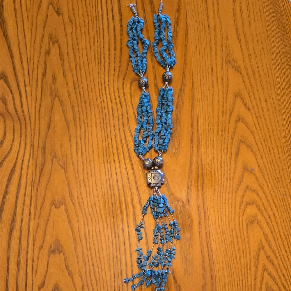 Faux Turquoise And Silver Tone Beaded Necklace